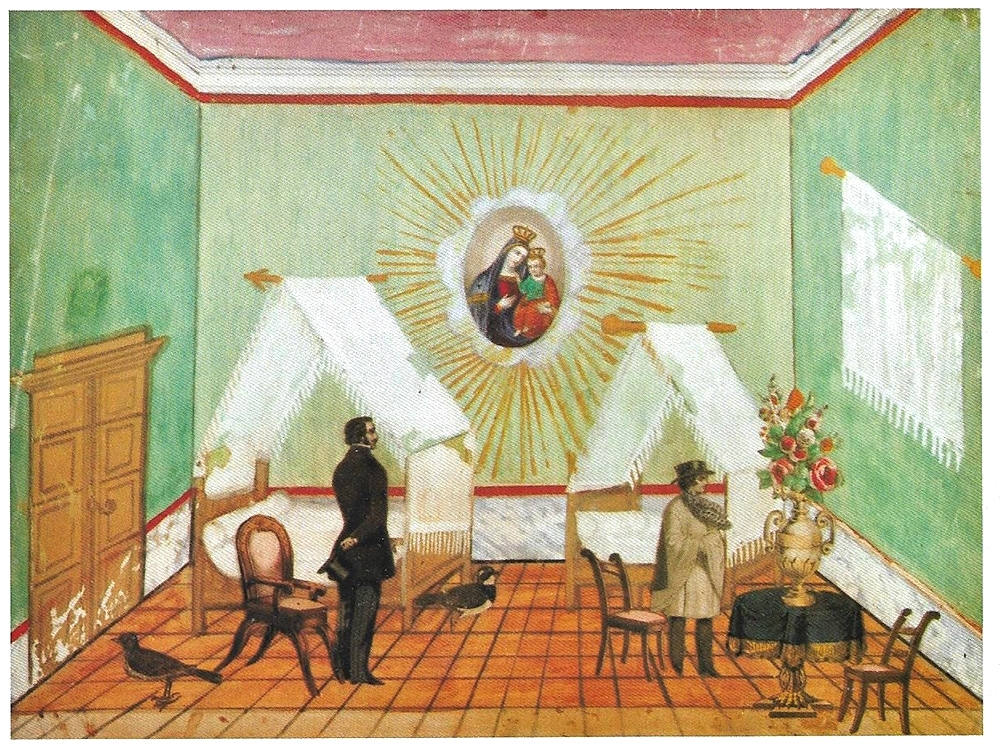«Θεραπεία από αρρώστια», τέλη 19ου αιώνα. Τέμπερα και στάμπα της Παναγίας σε κολάζ. 