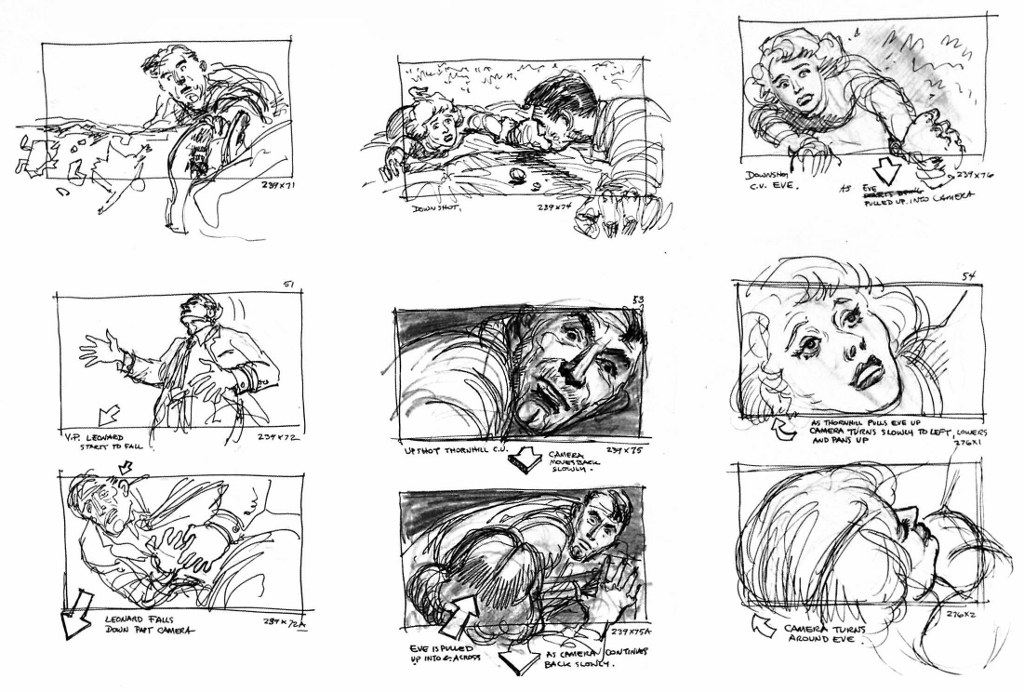 Τα κόμικς στην υπηρεσία του κινηματογράφου: Το storyboard του Μέντορ Χιόμπνερ για τη σκηνή στο όρος Ράσμοντ, από την ταινία του Άλφρεντ Χίτσκοκ «Στη σκιά των 4 γιγάντων» (1959). 
