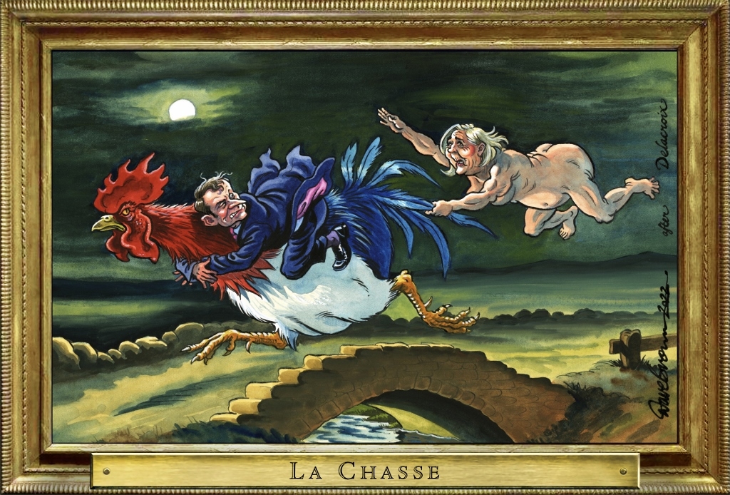 «La Chasse / Το Κυνήγι» (10/4/2022). Γαλλικές εκλογές: Ο Μακρόν γαντζωμένος στον κόκορα – εθνικό σύμβολο της χώρας, με την Μαρί Λε Πεν να τον ακολουθεί έχοντας αρπάξει την πλουμιστή ουρά. 