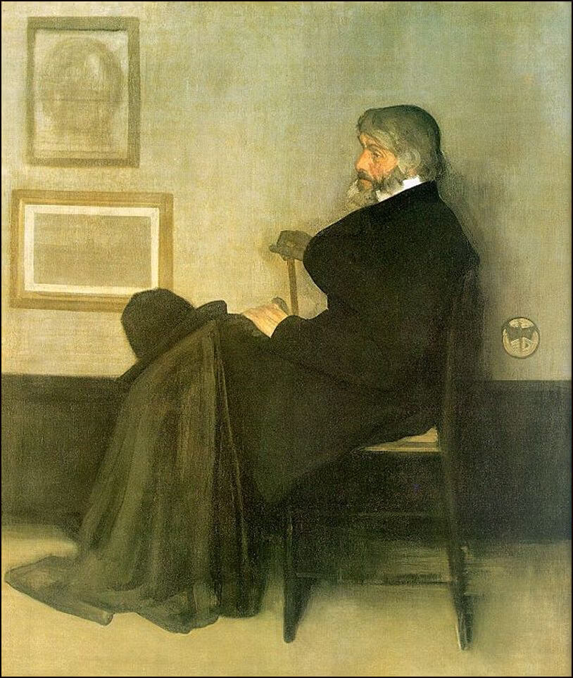 Γουίστλερ, ο Τόμας Καρλάιλ («Arrangement in Grey and Black no 2»). Δεξιά, στο κέντρο, διακρίνεται η πεταλούδα-υπογραφή του.