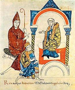 L'empereur Henri IV assis devant Mathilde de Toscane, en présence de saint Hugues de Cluny (Vita Mathildis)