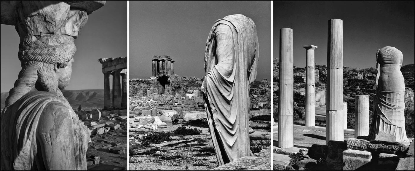 27α. W. Hege. Ερέχθειο, η πρόσταση των Καρυατίδων, 1928-29 27β. H. List. Κόρινθος, κορμός αγάλματος. Ο ναός του Απόλλωνα στο βάθος,  1937 27γ. H. List. Δήλος, η οικία της Κλεοπάτρας, 1937