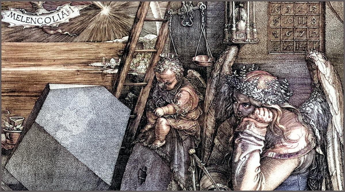 Άλμπρεχτ Ντίρερ, «Μελαγχολία Ι», 1514. (Ψηφιακά επιχρωματισμένη χαλκογραφία)