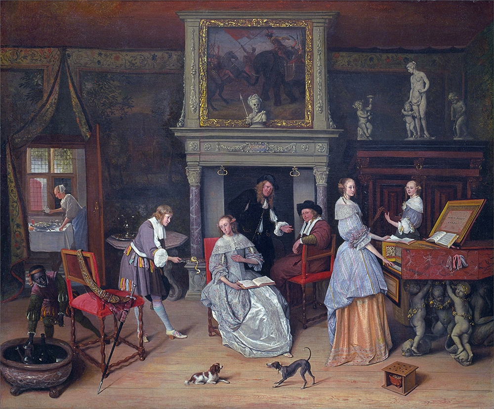 «...χαρακτηριστικά, αναφέρεται από την Άλινγκχαμ ο Ολλανδός ζωγράφος Jan Steen, 1626-1679...». Jan Steen, Εσωτερικό με τον ζωγράφο και την οικογένεια Schouten, 1663, Nelson-Atkins Museum of Art