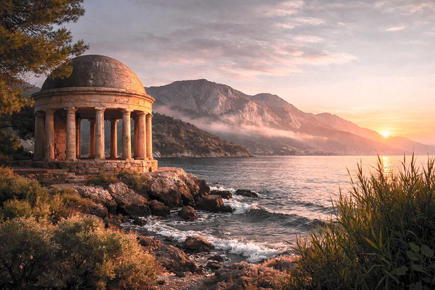 «Της θόλου το ημικύκλιο, κάτω από τα Γεράνεια, λουσμένο στην ανατολή και σ’ ορθρινή δροσιά...»