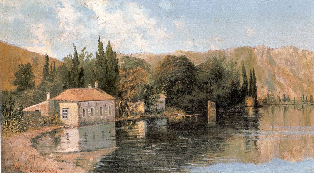 Κωνσταντίνος Βολανάκης, «Ακτή του Πόρου»,  λάδι σε μουσαμά, 39 × 14 εκ. Συλλογή Κουτλίδου, Εθνική Πινακοθήκη