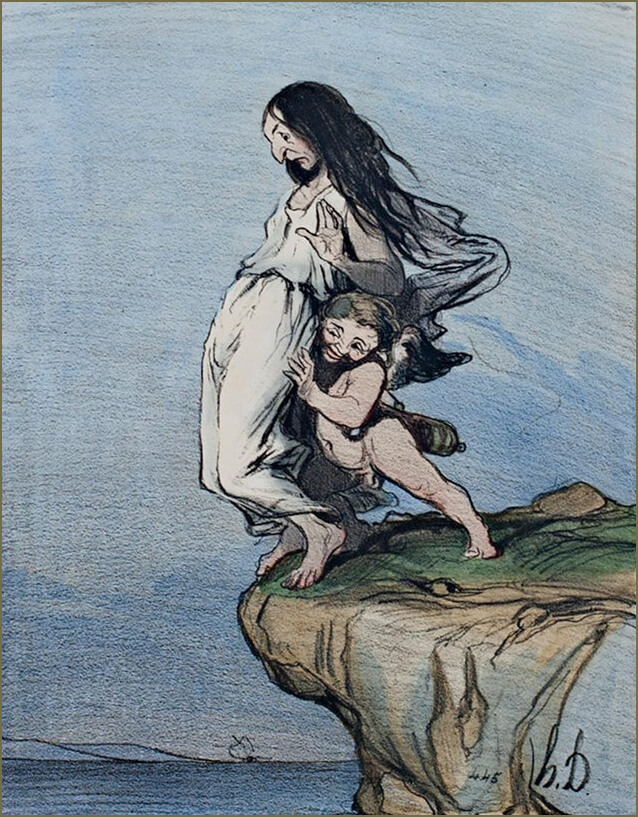 Ο Honoré Daumier, στα 1843, απεικονίζει μια δυσειδή και γερασμένη Σαπφώ να σπρώχνεται στην άκρη του βράχου από τον Έρωτα.