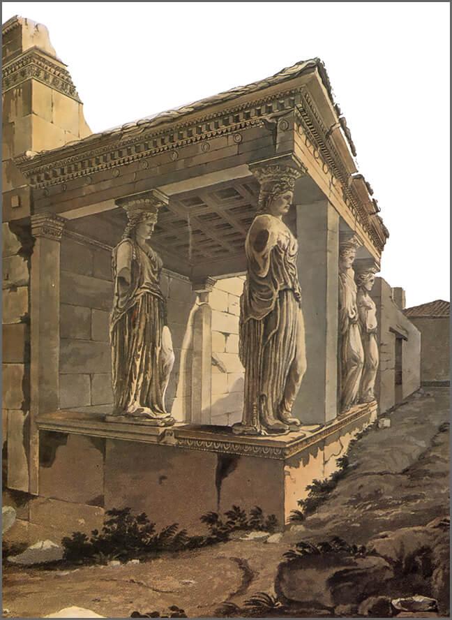Ed Dodwell, ΝΔ άποχη του Ερεχθείυ, Λεπτομέρεια έγχρωμης χαλκογραφίας του 1801. Γεννάδειος Βιβλιοθήκη