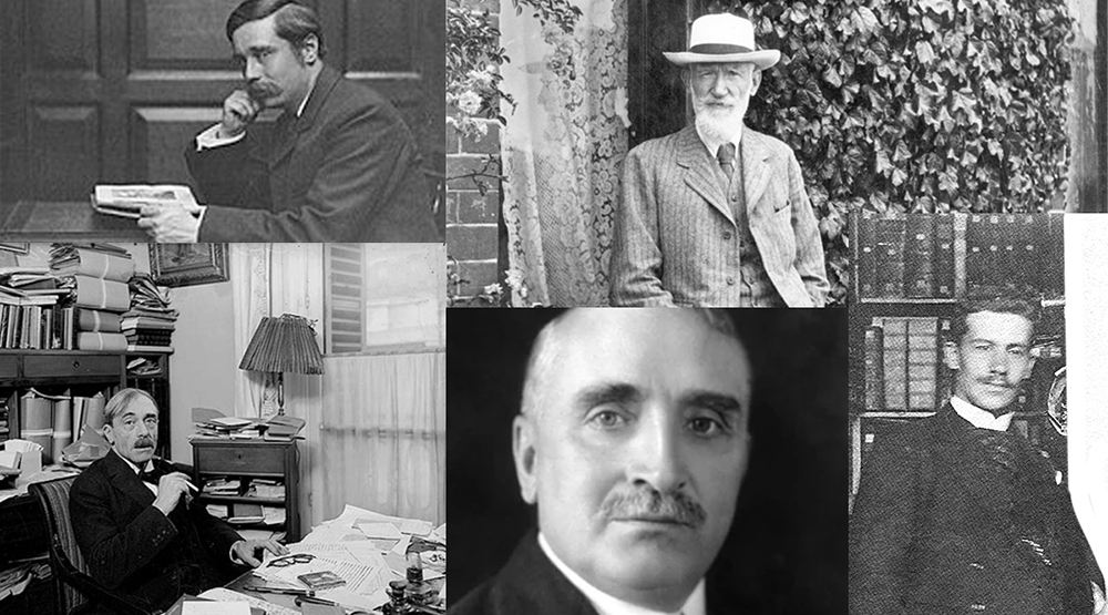 Πάνω: H.G. Walls, George Bernard Shaw. Κάτω: H.G. Walls (1866-1946), έναν ιρλανδό, τον George Bernard Shaw (1856-1950), δύο γάλλους, τον Paul Valéry, Paul Claudel, Κωστής Παλαμάς