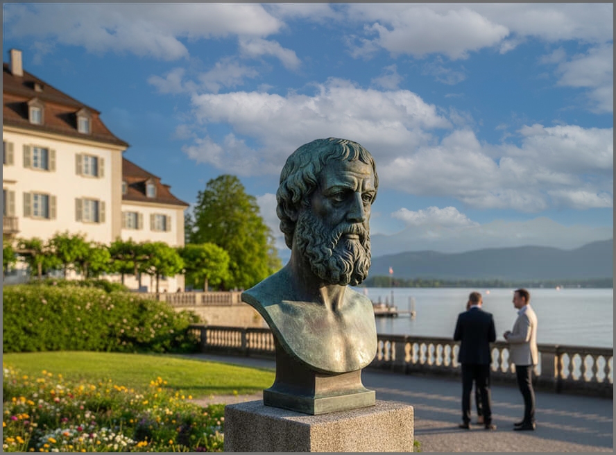 Το συνεδριακό κέντρο στη λίμνη Starnberger με την προτομή του Αριστοτέλη (Αναπαράσταση)