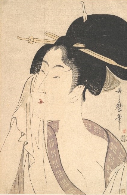 Kitagawa Utamaro: «Γυναίκα που χαλαρώνει  μετά το λουτρό της». Δεκαετία 1790. Έγχρωμη ξυλογραφία, μελάνη  και χρώμα σε χαρτί 37,1 x 24,4 εκ.  The Metropolitan Museum of Art