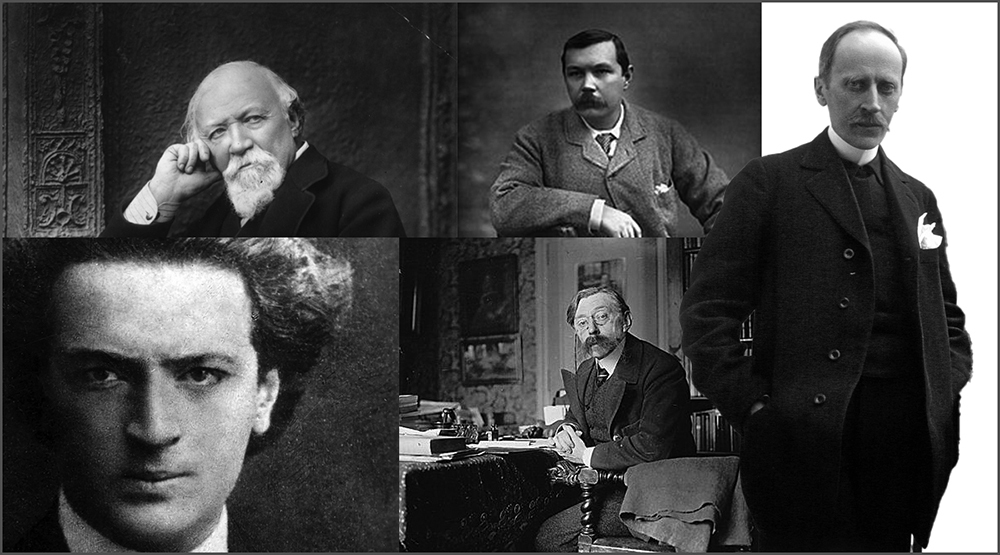 Πάνω αριστερά: Robert Browning· Πάνω στο κέντρο:Arthur Conan Doyl· όρθιος: Romain Rolland· κάτω αριστερά: Άγγελος Σικελιανός· κάτω στο κέντρο: Emile Verharen
