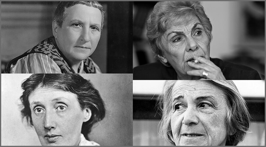 Πάνω (αριστερά) Γερτρούδη Στάιν, (δεξιά) Κική Δημουλά. Κάτω (αριστερά) Βιρτζίνια Γουλφ, (δεξιά) Ναταλί Σαρότ