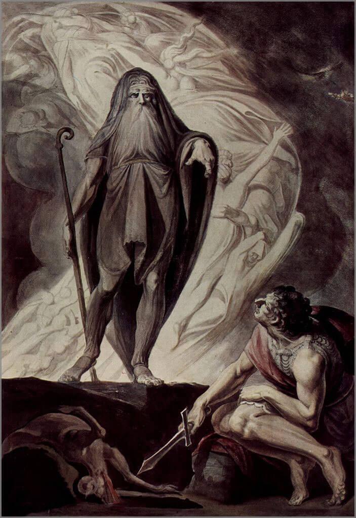 Γιόχαν Χάινριχ Φίσλι (1741–1825): ﻿«Ο Τειρεσίας εμφανίζεται στον Οδυσσέα που θυσιάζει». Μεταξύ 1780 και 1785, ﻿υδατογραφία και τέμπερα σε χαρτόνι﻿, ﻿91,4x62,8 εκ. (Συλλογή ﻿Αλμπερτίνα﻿)