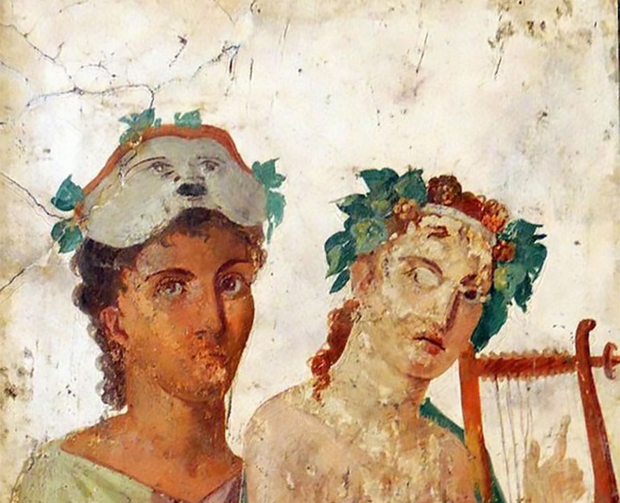 Ηθοποιός με μάσκα και γυναίκα με λύρα. Τοιχογραφία από το Ερκουλάνουμ, περ. 60-79 μ.Χ.