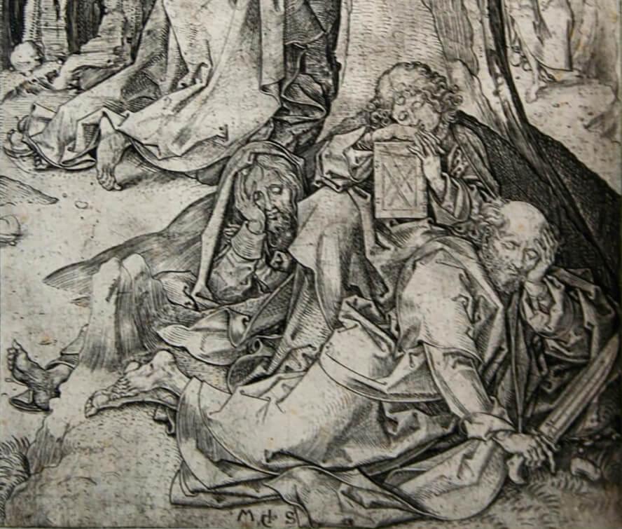 Μάρτιν Σόνγκαουερ (1425-1491): «﻿﻿﻿Στο Όρος των Ελαιών», π. 1480. ﻿(χαλκογραφία σε χαρτί, Εθνική Πινακοθήκη)