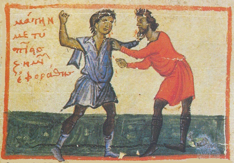 «Από μικρός, λάτρευε το μποξ. Αν και δεν ήξερε να παίζει καλά, αδύνατος και μαλθάκος. Του ανάδινε η κάθε γροθιά στο πρόσωπο του έτερου αντιπάλου μια σοφή και βροντώδη αρρενωπότητα, που τον χαλάρωνε απ’ το στρες της καθημερινότητας και τον συνεχή ιδεομηρυκασμό.» Μικρογραφία από κώδικα της Μονής Μεγίστης Λαύρας, Άθως