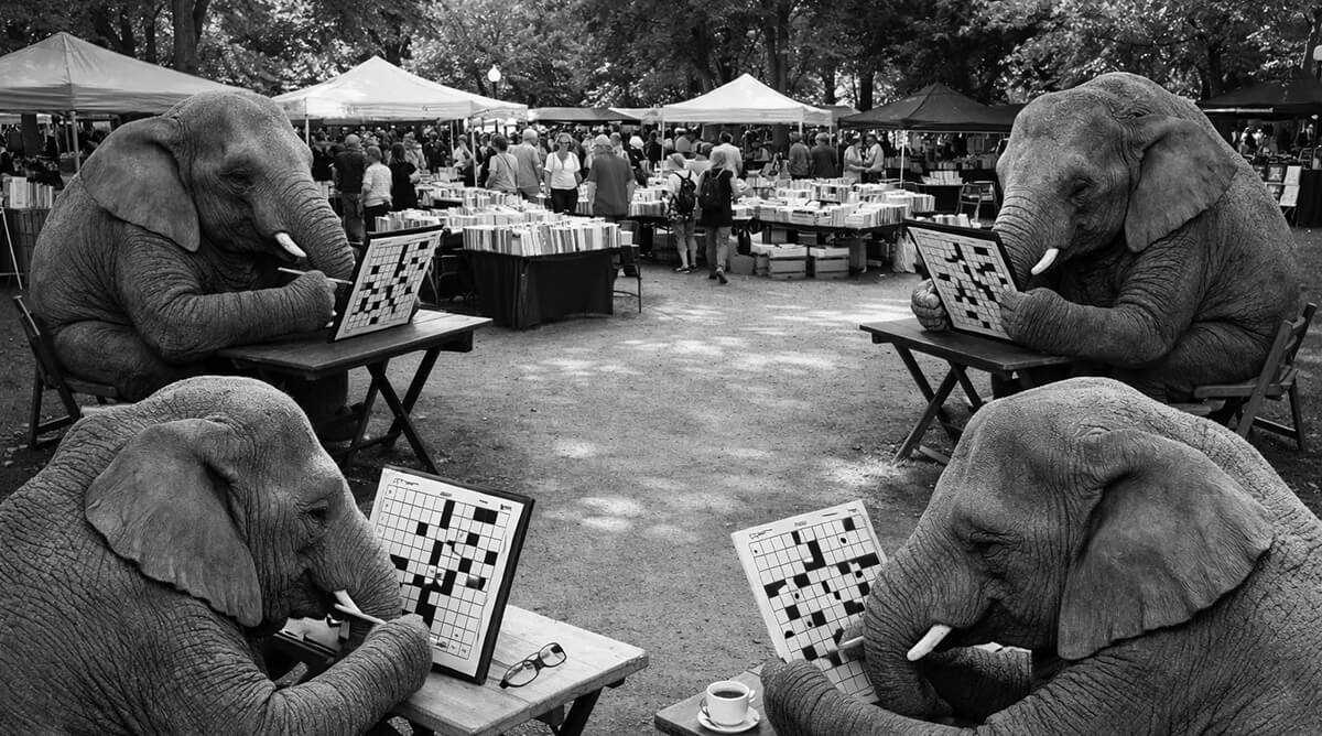 «Όπως καταλαβαίνετε, το θέαμα με παραξένεψε. Η Marina από την άλλη ατάραχη. Εγώ λες και βλέπω σε κάθε γωνία ελέφαντα να λύνει σταυρόλεξο.»Διακειμενική φωτογραφία του Vladimir Mouchkarof.