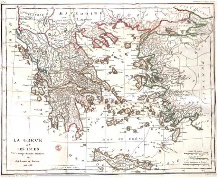 Ο αναδιπλούμενος χάρτης του Barbié du Bocage (1788) στο βιβλίο με το σημείωμα του Μουστοξύδη, όπως εκτίθεται στην Κεντρική Βιβλιοθήκη ΑΠΘ.