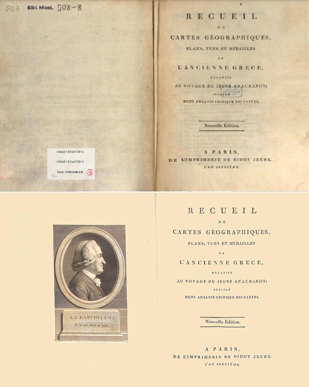 Επάνω: Οι σελίδες του τίτλου του βιβλίου (1796) από διαδικτυακό διεθνή διάθετη, σε χαμηλή ανάλυση, με (προφανώς) αποκομμένη την εικόνα του J.J. Barthelemy. Κάτω: Οι ίδιες σελίδες του βιβλίου ψηφιοποιημένες ad hoc, σε υψηλή ανάλυση, από τον φυσικό τόμο της Βιβλιοθήκης Τρικόγλου @ Βιβλιοθήκη & Κέντρο Πληροφόρησης ΑΠΘ.