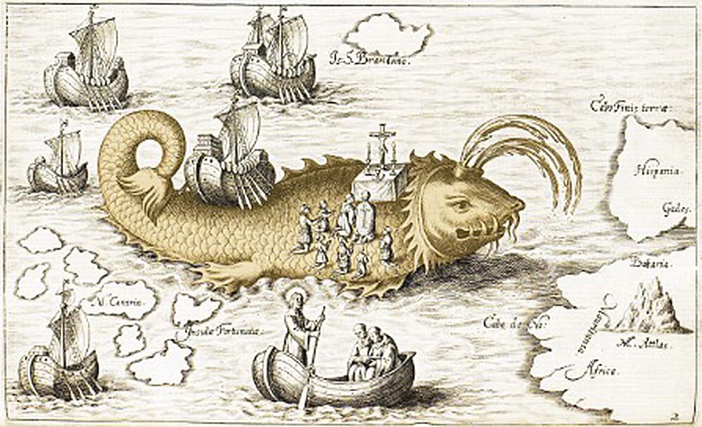 Χαρτογράφημα του 1621 από τα αναγνώσματα των ιεραποστολικών ωκεάνιων ταξιδιών του Αγ. Βρενδάνου του Ναυσιπλόου. Η “νήσος” του αγίου (Is. S. Brandano) τοποθετείται βόρεια των Καναρίων νήσων και τα καράβια φέρουν την ισπανική ναυτική σημαία της εποχής. Πηγή: Βιβλιοθήκη του Κογκρέσου ― Prints & Photographs Division; https://blogs.loc.gov/maps/2021/04/searching-for-saint-brendans-island/. Επεξεργασία: Β.Λ.