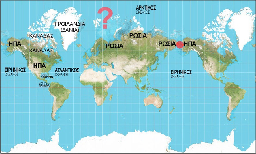 Κλασικός χάρτης ―Μερκατορικού τύπου― με την ιδιότητα της διατήρησης των γωνιaκών μεγεθών και διευθύνσεων, κατάλληλος για τη ναυσιπλοΐα και την αεροπλοΐα, αλλά χωρίς να διατηρεί την αναλογία των επιφανειακών μεγεθών, με τις παραμορφώσεις να είναι μεγαλύτερες προς τους Πόλους. Πηγή: Wikimedia Commons. Επεξεργασία: Β. Λ.