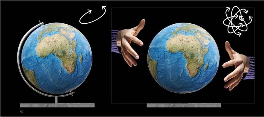 Αριστερά: Η “δεσμευμένη” σε άξονα περιστροφής υδρόγειος, με στερεότυπες θεάσεις.  Δεξιά: Η ελεύθερη περιστροφών υδρόγειος με πολλές εναλλακτικές θεάσεις.  Πηγή: Ελεύθερες εικόνες στο διαδίκτυο σε ψηφιακή σύνθεση Β. Λ.