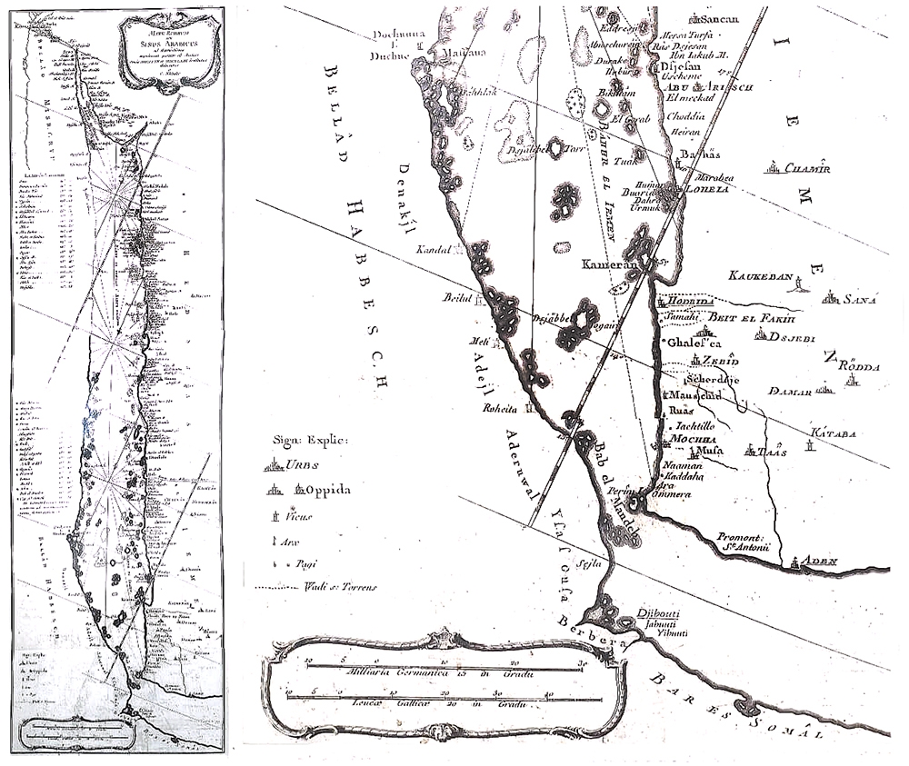 Δεξιά: Το νότιο τμήμα του σημαντικού, λίγο γνωστού, χάρτη (αριστερά) του Carsten Niebuhr “Mare Rubrum seu Sinus Arabicus” (1762-1763), κλίμακας 1 εκ. χάρτη προς περ. 34 χλμ. εδάφους, που συντάχθηκε από επιτόπια μετρητική χαρτογράφηση, στο πλαίσιο της επιστημονικής αποστολής του βασιλείου Δανίας-Νορβηγίας. Πηγή/επεξεργασία: Β.Λ.