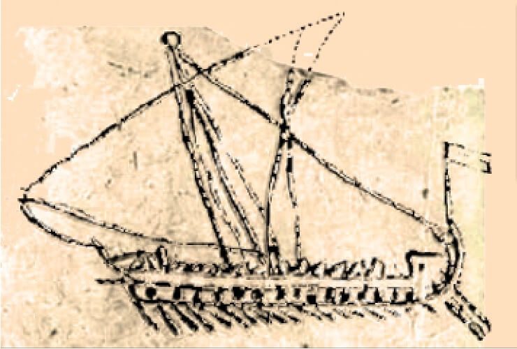 Ο βυζαντινός μονοήρης δρόμων γνωστός, για αιώνες, σε όλη τη Μεσόγειο. Μονοκάταρτος, τέλη 7ου - αρχές 8ου αιώνα μέχρι αργότερα. Σχεδιογράφημα ονομαζόμενο «της Μάλαγα» στο Ναυτικό Μουσείο της Μαδρίτης. Αναπαραγωγή ελεύθερη στο διαδίκτυο: O. Höckmann,“Antike Seefahrt”. Επεξεργασία: Β.Λ.