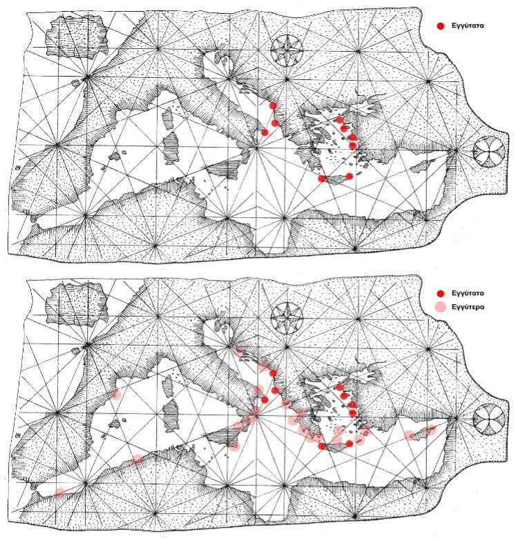 Σχηματοποιημένη απεικόνιση της “Πιζάνα”. Επάνω: οι περιοχές εγγύτατης προσέγγισης στο σημερινό ακτογραμμικό πρότυπο της Μεσογείου, ανεξάρτητα της χαρτογραφικής προβολής. Σύμπτωση με τις περιοχές βυζαντινού ναυτικού ενδιαφέροντος: Στενά του Ότραντο (“Αλεξιάδα”), ανατολικό Αιγαίο και Κρήτη (“Περί Βασιλείου Τάξεως”. Κάτω: Προσθήκη περιοχών εγγύτερης προσέγγισης σε εκείνες της εγγύτατης, πριν τον 13ο αιώνα. Πηγή: E. Livieratos, C. Boutoura, “Carte Pisane and its coastline shape”, e-Perimentron, 13, 3, (2018), 161-181. Σύνθεση- επεξεργασία: Β.Λ.
