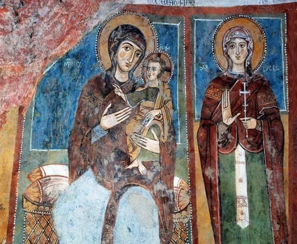 Θεοτόκος και Αγία Λουκία, 13ος αι., τοιχογραφία στην εκκλησία Santa Margerita στο Mέλφι, Μπαζιλικάτα, Νότια Ιταλία 