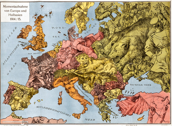 «Ένα στιγμιότυπο της Ευρώπης και Μέσης Ανατολής το 1914/15». Χρωμολιθογραφία του Wilhelm Kaspar (Αμβούργο, 1915) 