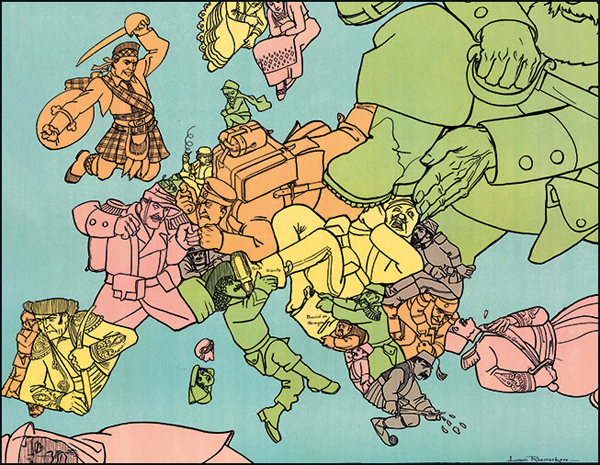 «Το τρελάδικο (παλιά τραγούδια σε νέες μελωδίες)». Χρωμολιθογραφία του Louis Raemaekers (Άμστερνταμ, 1915) 