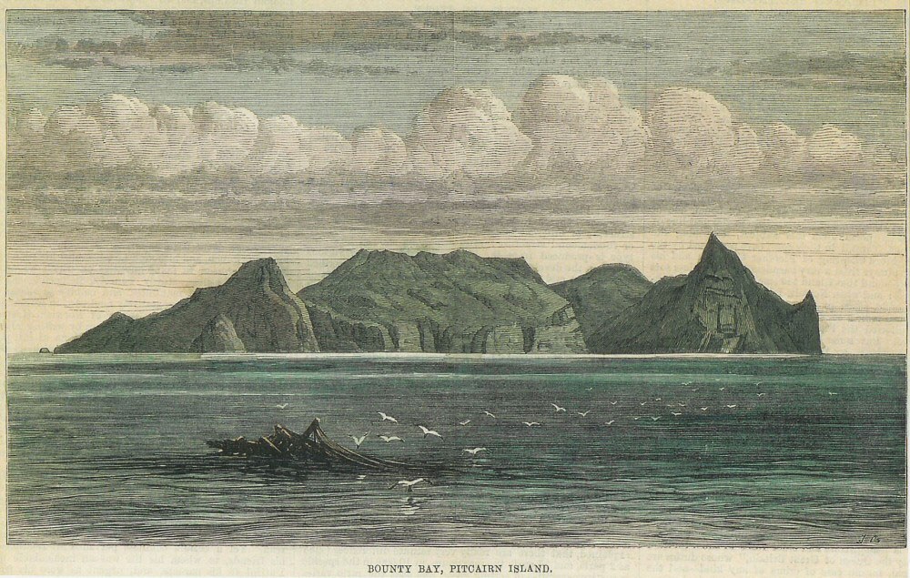 Ο κόλπος όπου κάηκε το πλοίο (και εξ αυτού ονομάστηκε Μπάουντι), με το νησί Πίτκερν στο βάθος (Λιθογραφία του 19ου αιώνα). 