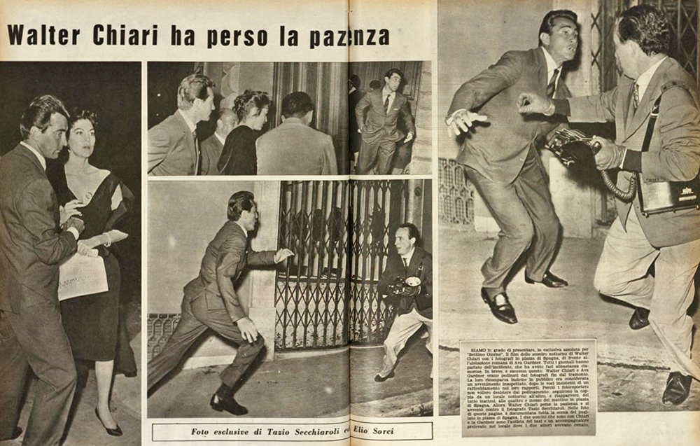 Ο φωτογράφος φωτογραφίζεται: Ο Τάτζιο Σεκιαρόλι δέχεται την επίθεση του ηθοποιού Βάλτερ Κιάρι, που συνόδευε την Άβα Γκάρντνερ. Οι συνάδελφοί του αξιοποίησαν δεόντως την ευκαιρία. 