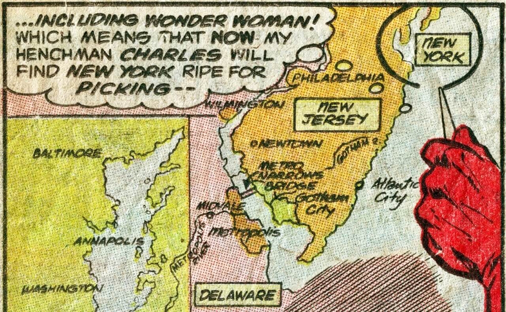 Η γεωγραφική πιστοποίηση της Νέας Υόρκης σε σχέση με τις «αδελφές» Μητρόπολη (κάτω αριστερά) και Γκόθαμ Σίτι (ακριβώς απέναντι), σε ένα παλαιό κόμικς της DC. 