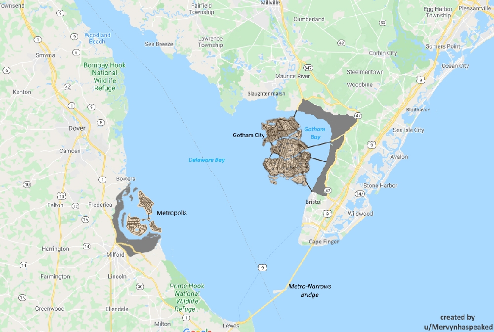 Σύγχρονη χαρτογραφική αποτύπωση, με τις δύο πόλεις αντικρυστά στις εκβολές του ποταμού Ντελαγουέαρ. 