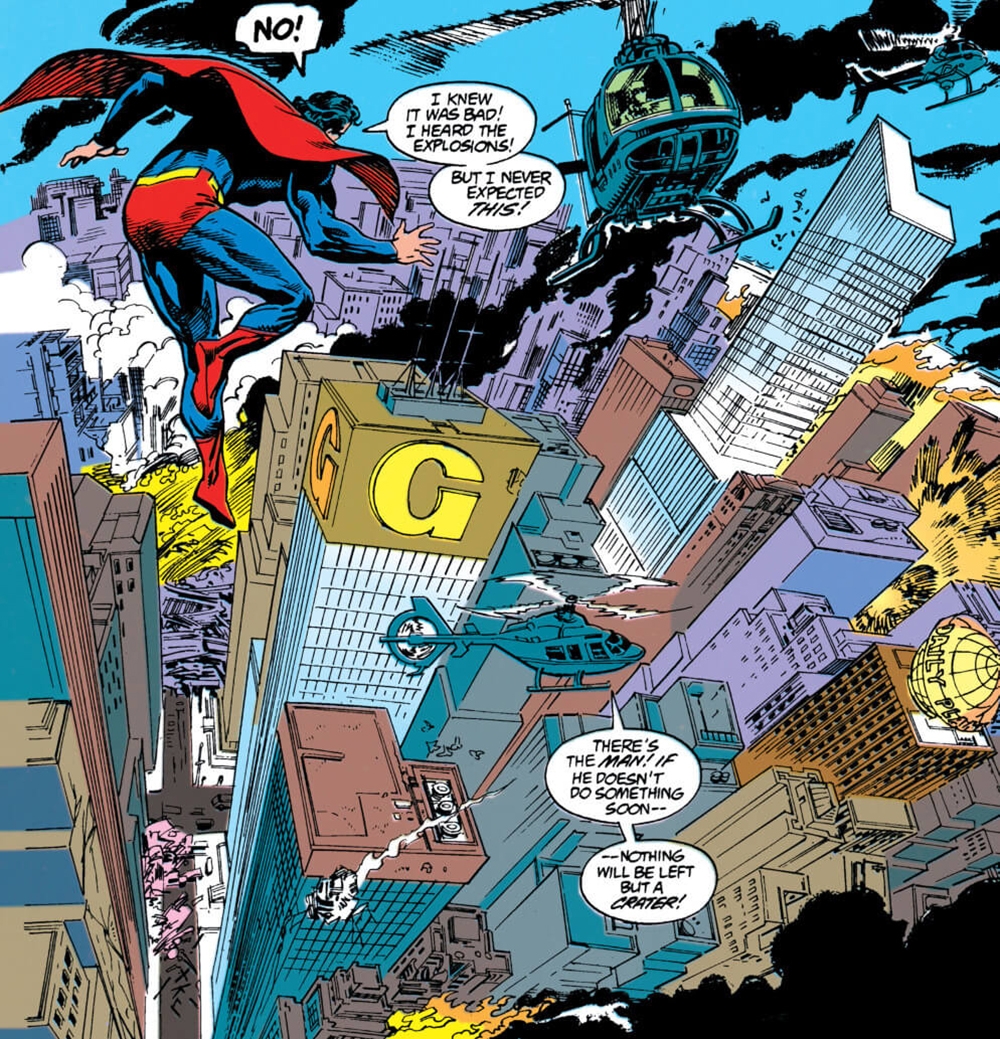 Η Μητρόπολη με τους δυναμικούς κάθετους άξονες που θυμίζουν Νέα Υόρκη, σχεδιασμένη με την προοπτική της ματιάς του ιπτάμενου υπερήρωα. 