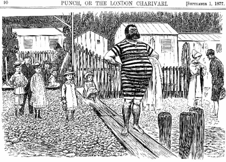 Γελοιογραφίες, όπως αυτή στο αγγλικό «Punch» (1877), σατίριζαν τους κολυμβητές με τα ριγέ μαγιό που θύμιζαν φυλακισμένους. 