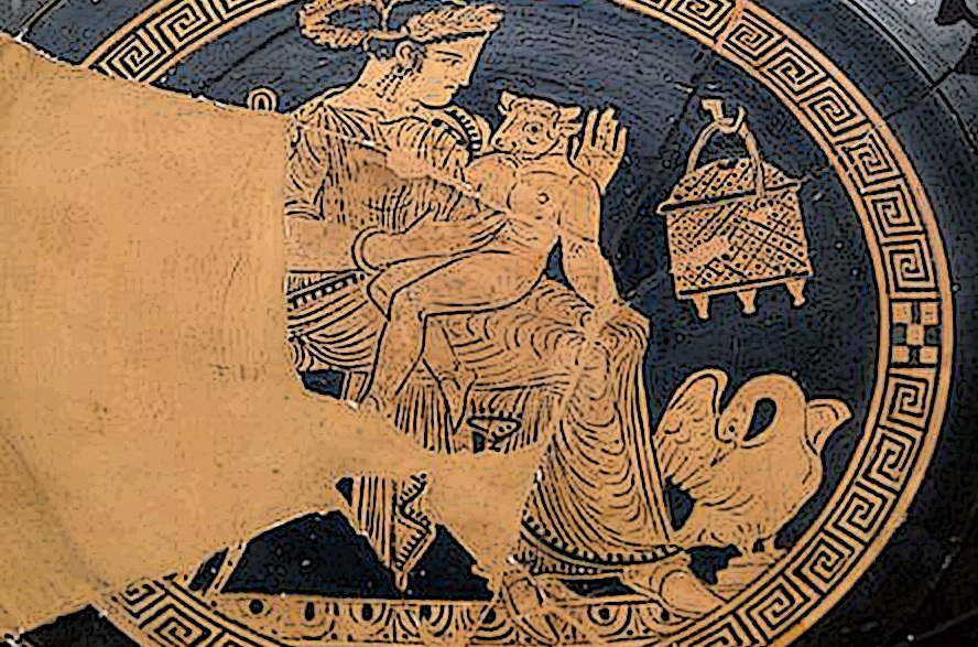 «Πασιφάη και Μινώταυρος», Αττική ερυθρόμορφη κύλιξ ΙCabinet Des Medailles, Παρίσι)