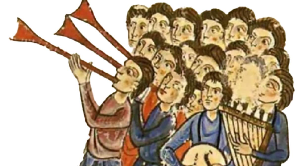 Μουσικοί. Μικρογραφία σε χειρόγραφο του συγγράμματος «Σύνοψις Ιστοριών» του Ιωάννη Σκυλίτζη. Εθνική Βιβλιοθήκη Μαδρίτης