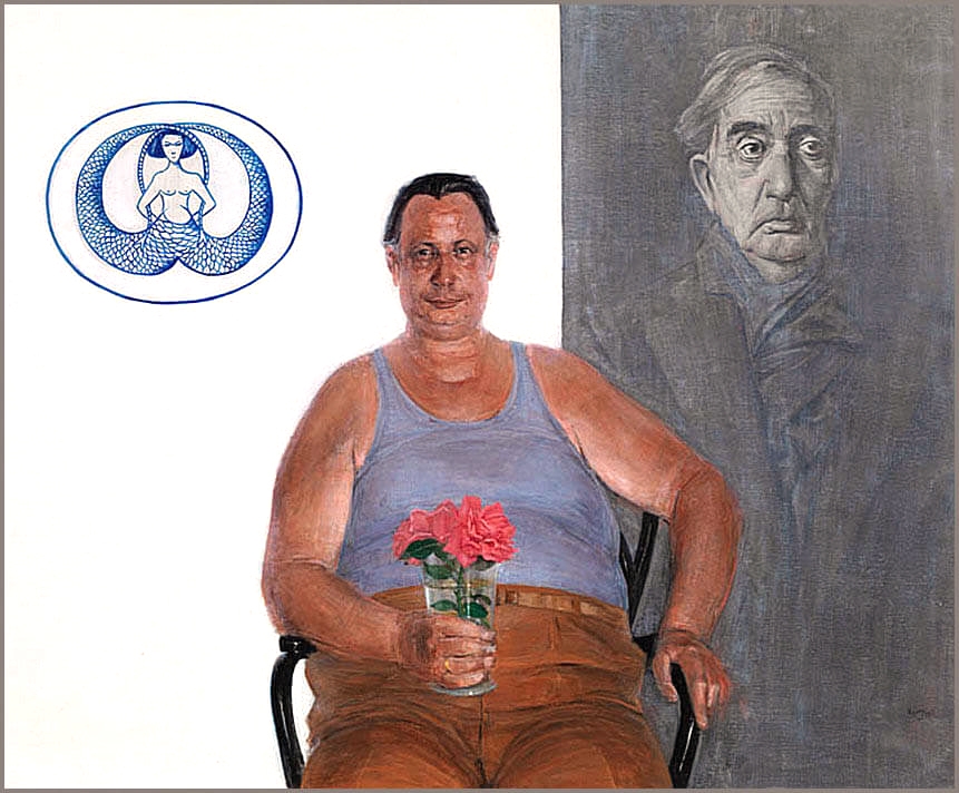Ο Γ. Π. Σαββίδης ανάμεσα στη δίκλωνη γοργόνα του Σεφέρη και το πορτρέτο του Καβάφη, διά χειρός Χρόνη Μπότσογλου