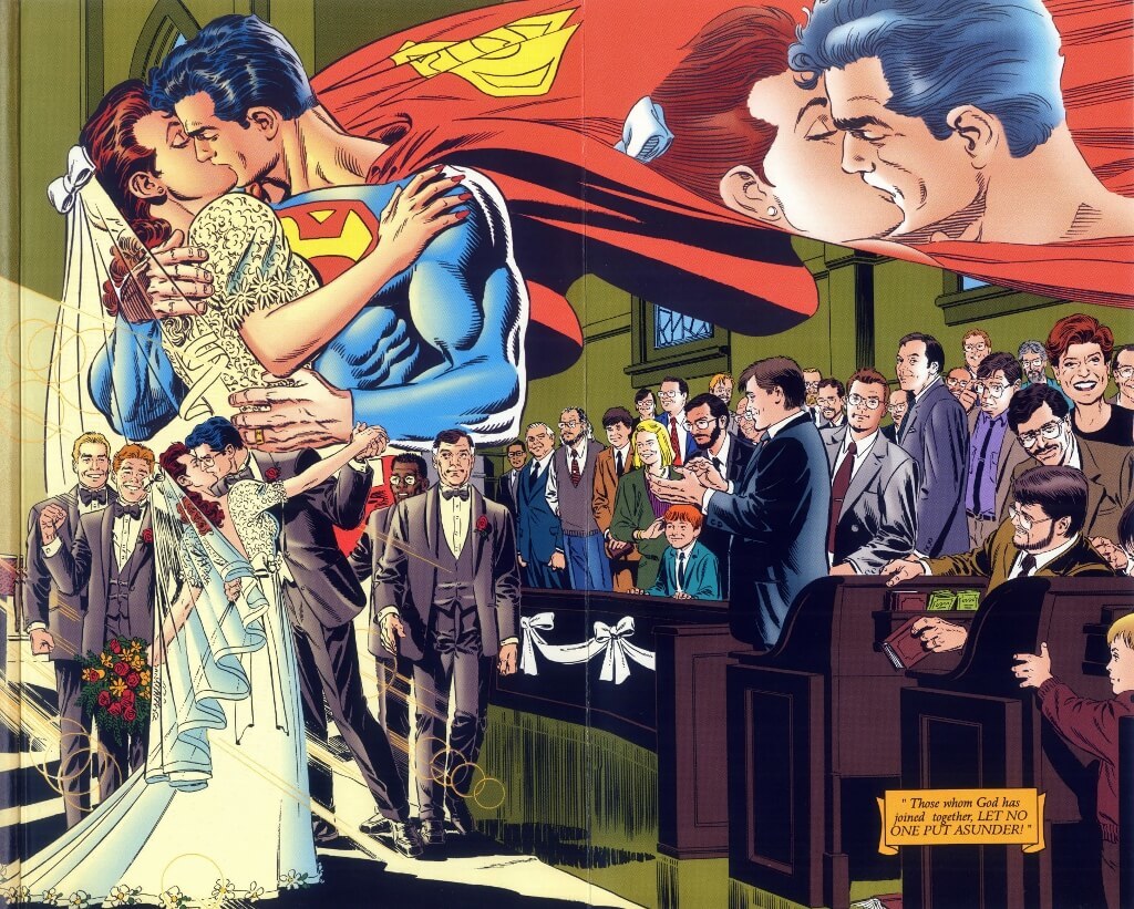 «Καλώς ήλθατε σε μια σημαντική καμπή στη ζωή του Σούπερμαν»: Τον Δεκέμβριο του 1996, η DC κυκλοφόρησε ένα πανηγυρικό Άλμπουμ γάμου του ήρωα (στα επόμενα τεύχη επανήλθε στη μονήρη κανονικότητά του). 