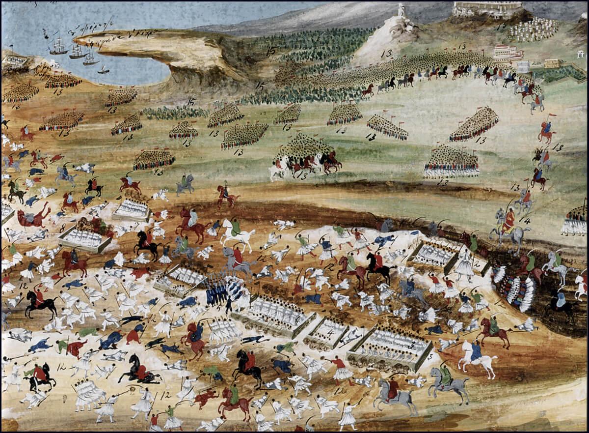 Λεπτομέρεια από την «Μάχη εις Ανάλατον», 1836-39, ακουαρέλα 50x63 εκ. των Ιωάννη Μακρυγιάννη – Δημητρίου Ζωγράφου, Γεννάδειος Βιβλιοθήκη.