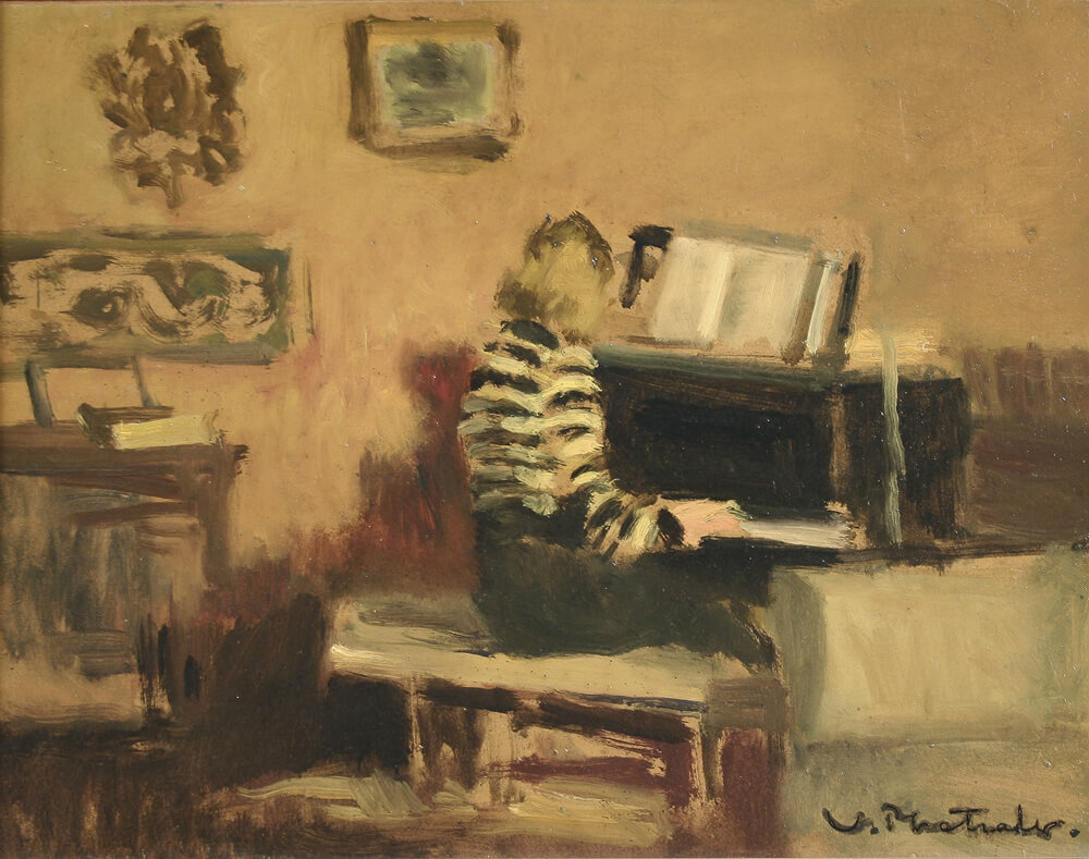 Φωτιάδης Βασίλης «Κοπέλα στο πιάνο», π. 1935 Λάδι σε χαρτόνι, 26,7 x 35 εκ. Εθνική Πινακοθήκη, Κληροδότημα Πηνελόπης Φωτιάδη