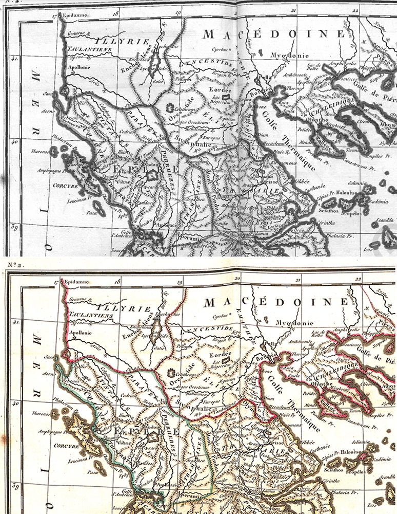 Επάνω: Χάρτης (απόσπασμα) του ψηφιοποιημένου βιβλίου (1796) από τον διαδικτυακό διάθετη της Ψηφιοθήκης της Βιβλιοθήκης & Κέντρου Πληροφόρησης ΑΠΘ (ΒΚΠ ΑΠΘ), σε άχρωμη ψηφιοποίηση. Κάτω: Το ίδιο απόσπασμα ψηφιοποιημένο ad hoc από τον φυσικό τόμο της Βιβλιοθήκης Τρικόγλου @ ΒΚΠ ΑΠΘ.